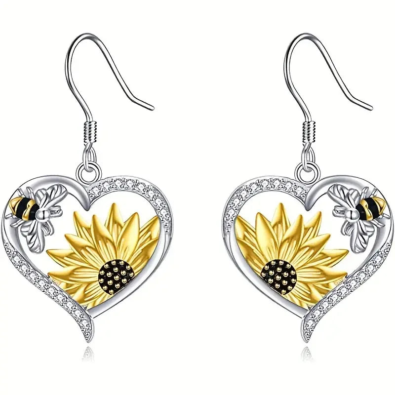 Vintage Boho Sunflower and Bee Heart Earrings