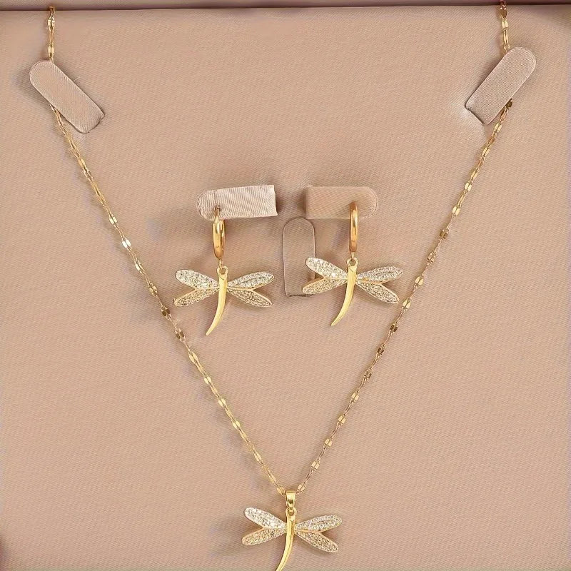 Golden Dragonfly Necklace with Earrings Gift
