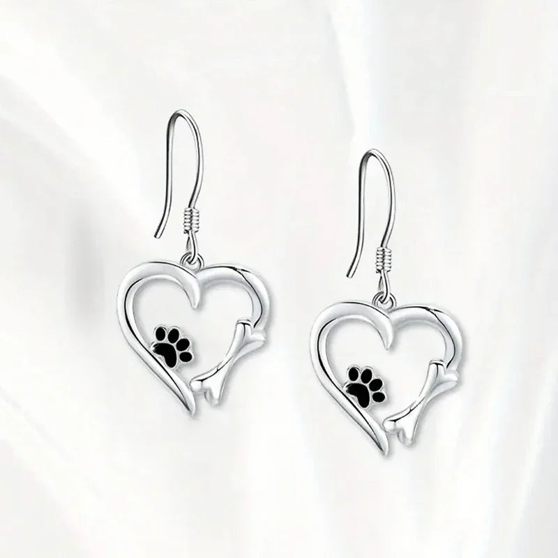 Silver Earrings with Heart and Paw Design