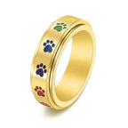 Rotating Stress-Reducing Paw Ring in Stainless Steel with Rainbow Paws