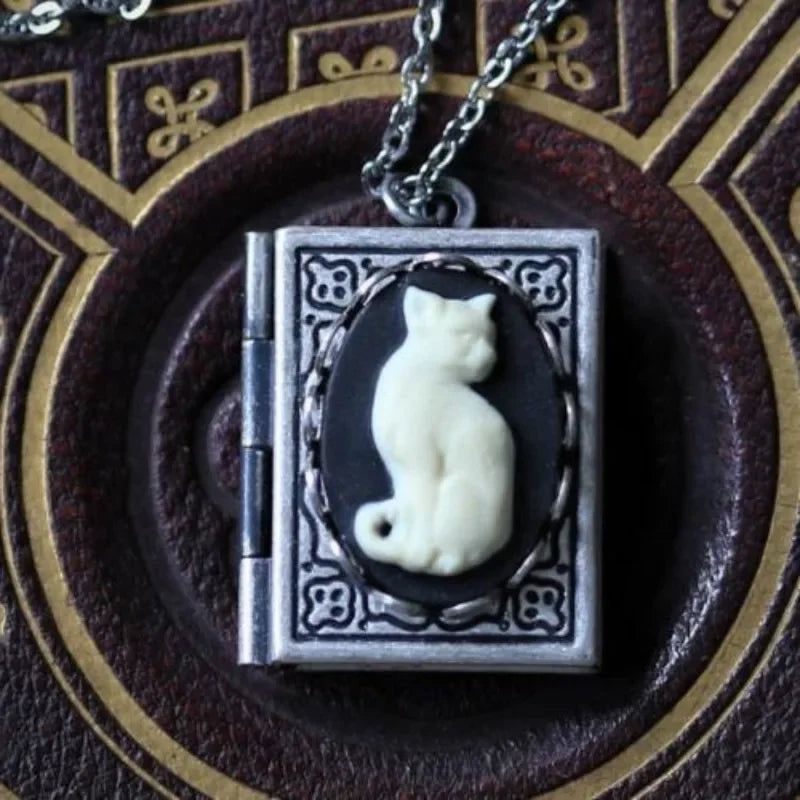 Vintage Cat Book Pendant Necklace