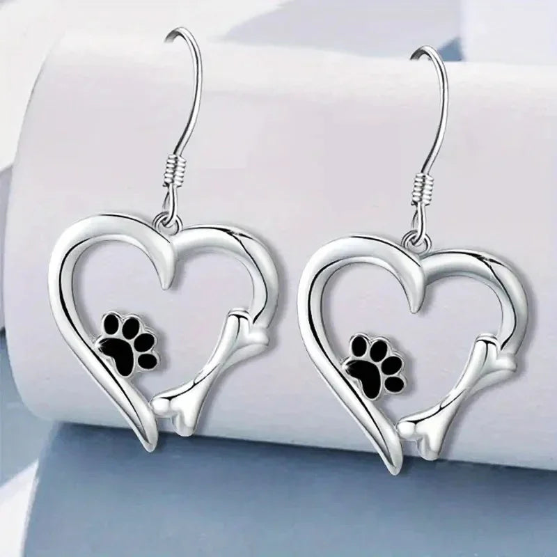 Silver Earrings with Heart and Paw Design