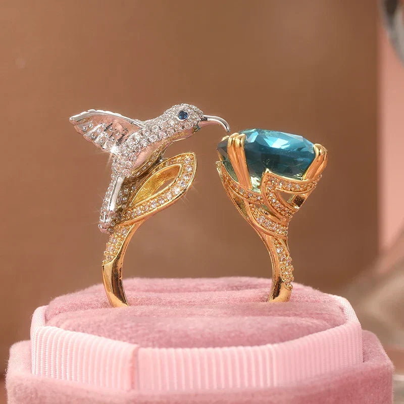 Adjustable Aquamarine-Coloured Hummingbird Ring