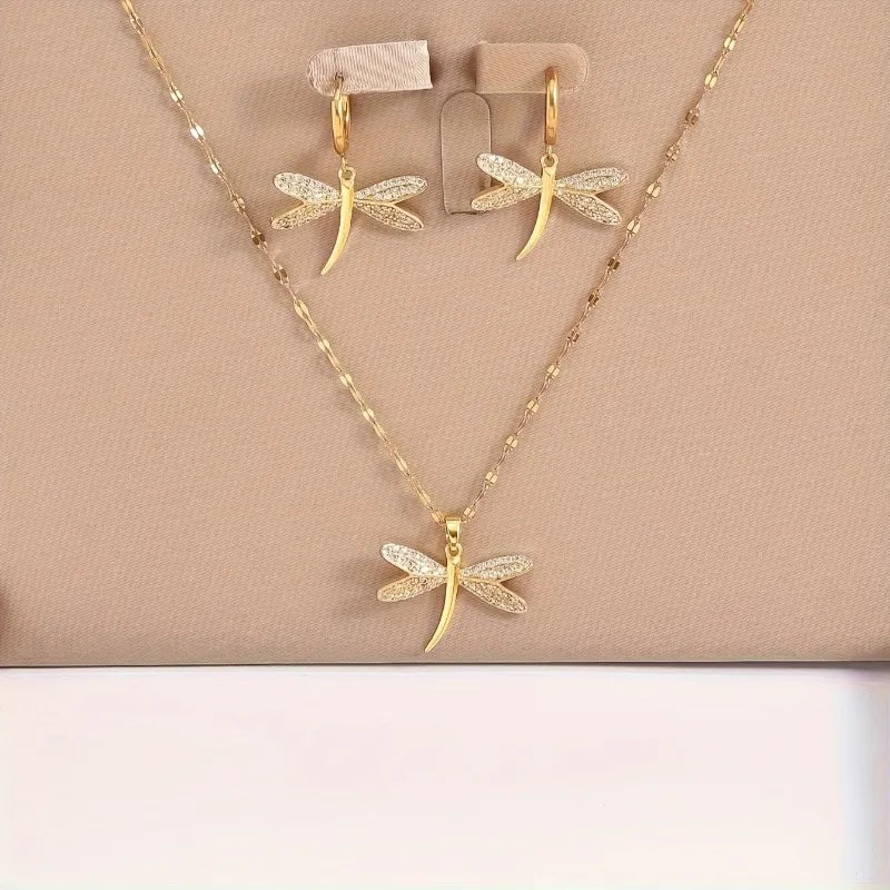 Golden Dragonfly Necklace with Earrings Gift