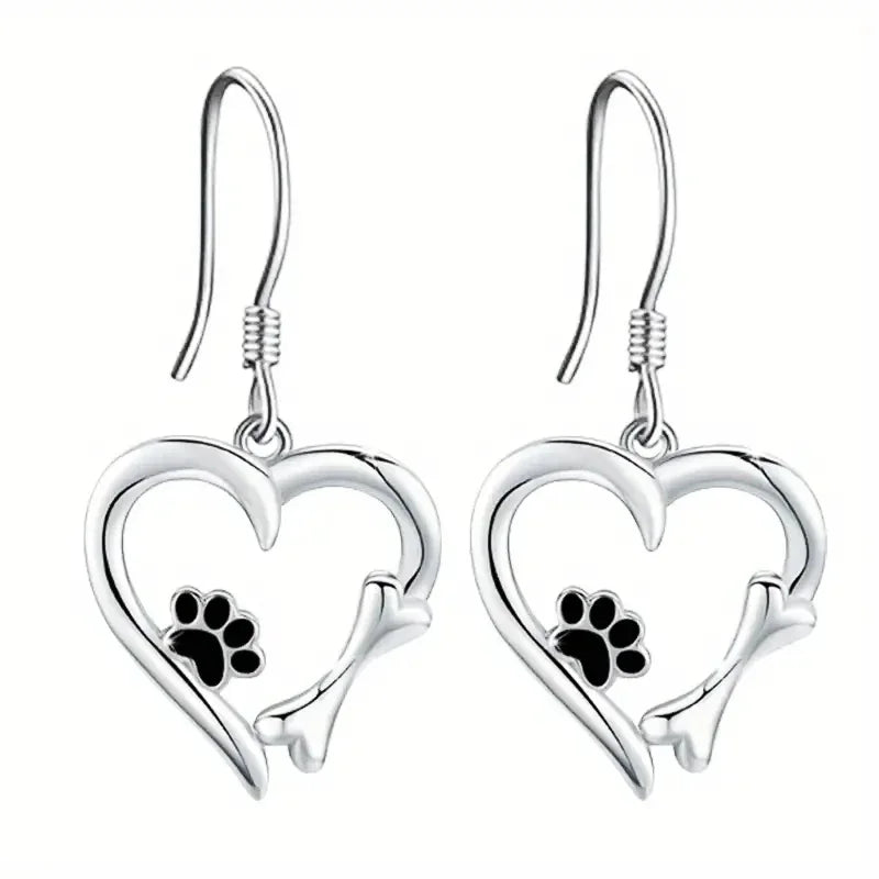 Silver Earrings with Heart and Paw Design