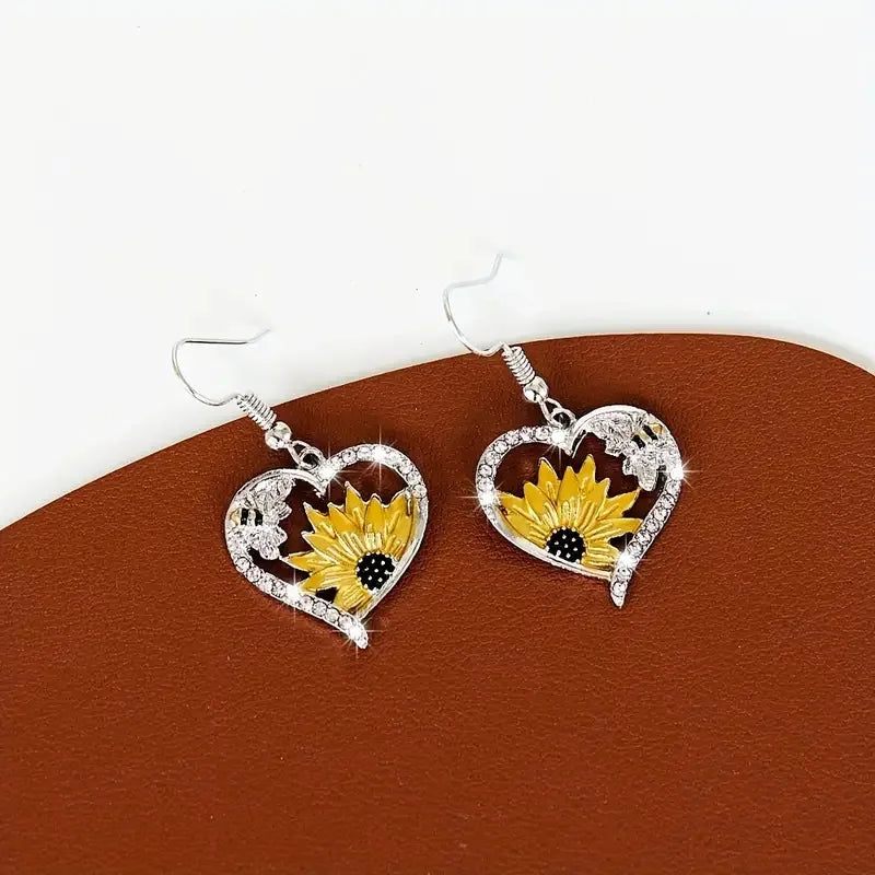 Vintage Boho Sunflower and Bee Heart Earrings