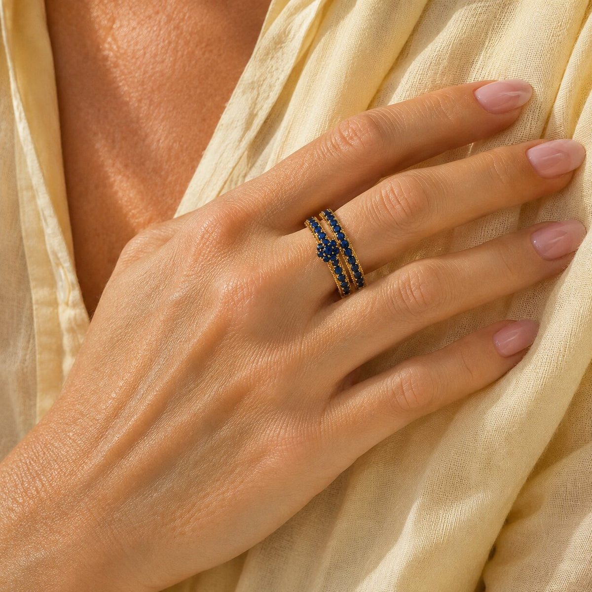 Flora | Blue Stacking Gold Ring Set