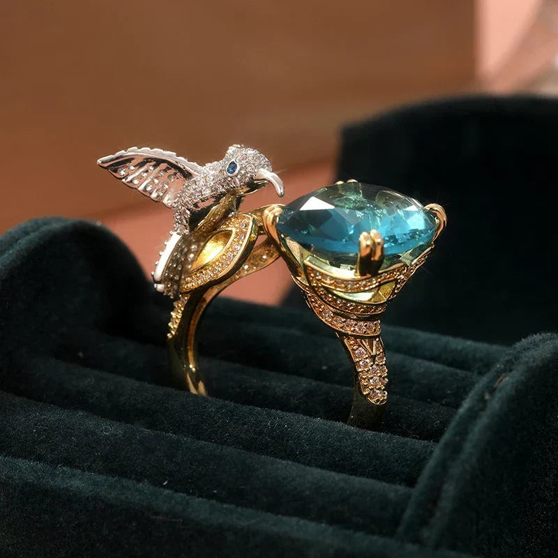 Adjustable Aquamarine-Coloured Hummingbird Ring