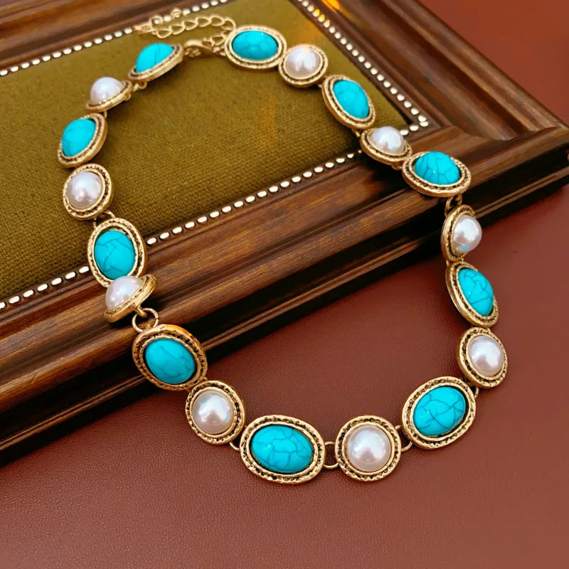 Romy | Turquoise & Pearl Antique Gold Jewellery Set