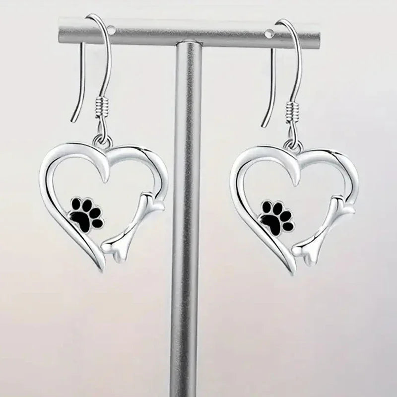 Silver Earrings with Heart and Paw Design
