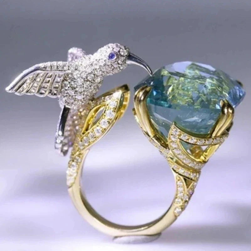 Adjustable Aquamarine-Coloured Hummingbird Ring