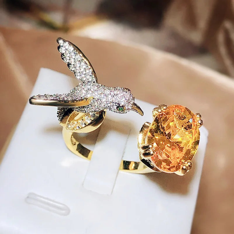 Adjustable Hummingbird Gemstone Ring