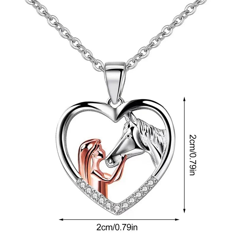 Beautiful Heart Zirconia Girl and Horse Necklace
