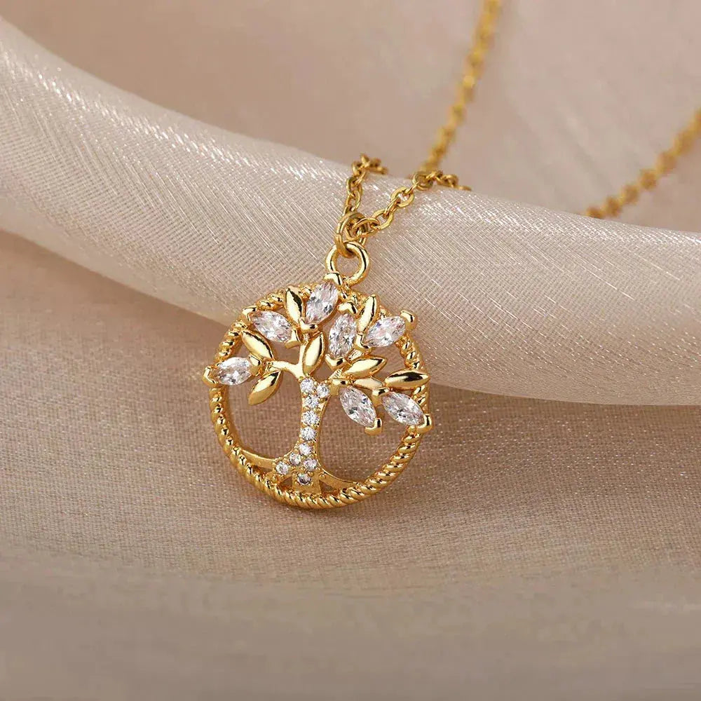 Golden Tree of Life Pendant with Zirconia
