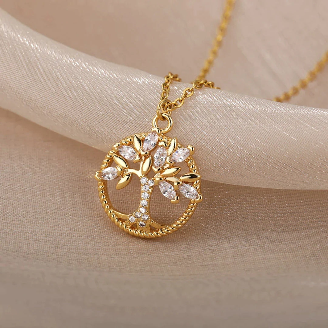 Necklace with a Tree of Life Pendant in Gold with Crystals