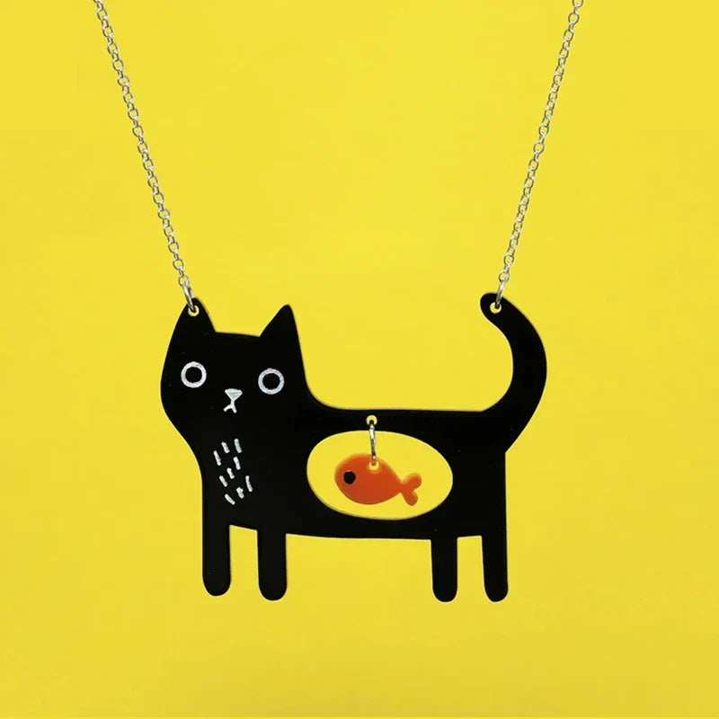 Playful Cat and Fish Acrylic Pendant Necklace