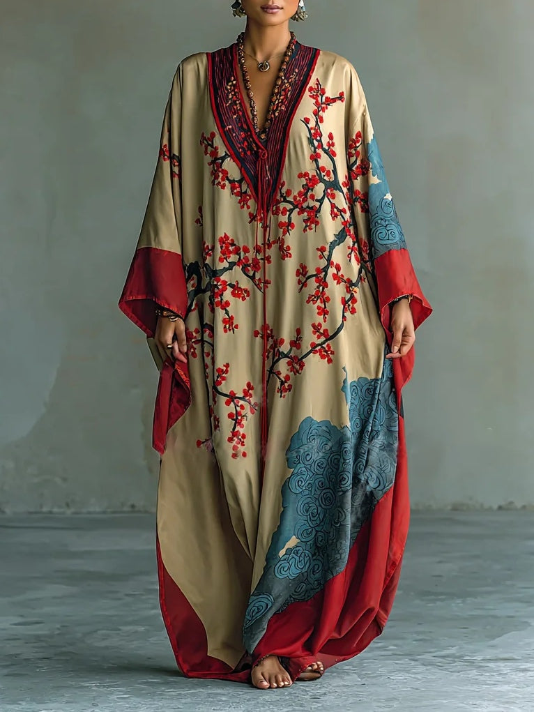 Sakura | Japanese Red Plum Blossom Print Batwing Sleeve Maxi Dress
