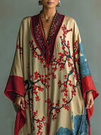 Sakura | Japanese Red Plum Blossom Print Batwing Sleeve Maxi Dress
