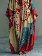 Sakura | Japanese Red Plum Blossom Print Batwing Sleeve Maxi Dress