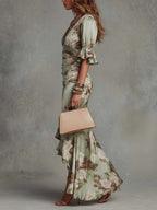 Drew | Long asymmetrical Green satin dress with V-neckline