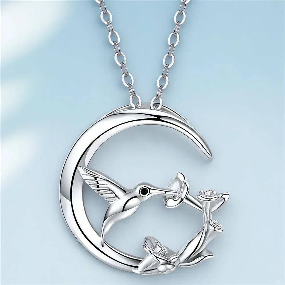 Vintage Bird and Moon Silver Pendant Necklace