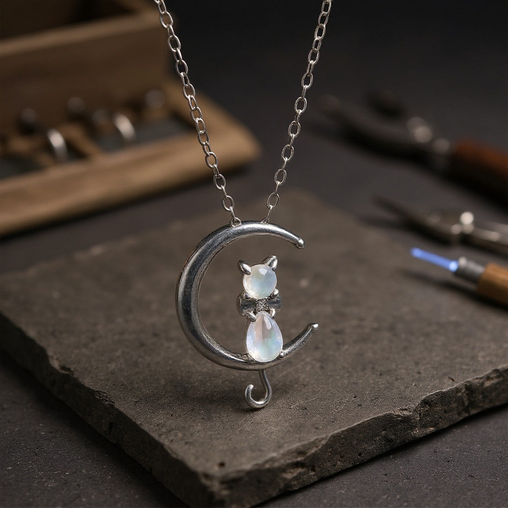 Moonstone Half Moon and Cat Necklace