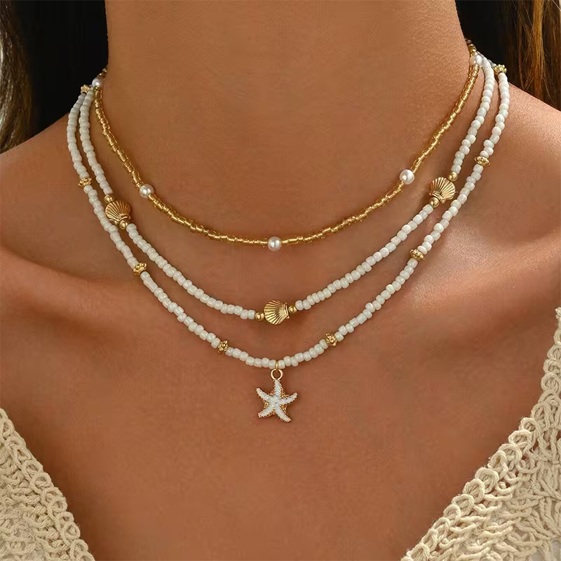 Boho 3-Piece Necklace Set with Shell and Starfish