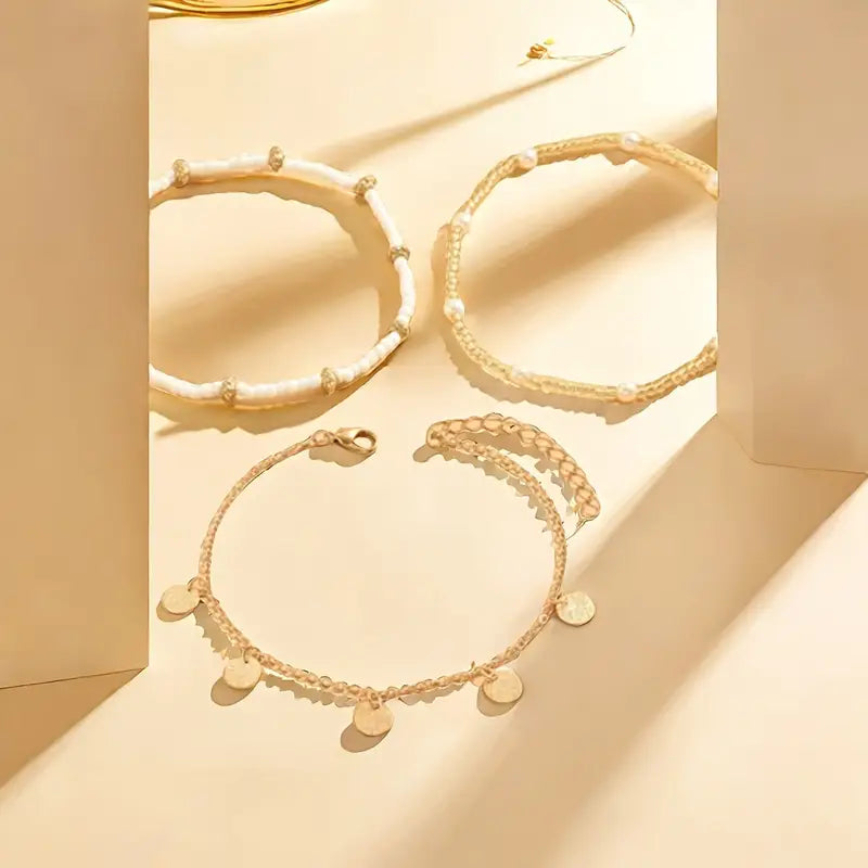 Multi-Layered Ankle Chains Coastal Charm 3-Piece | Gold