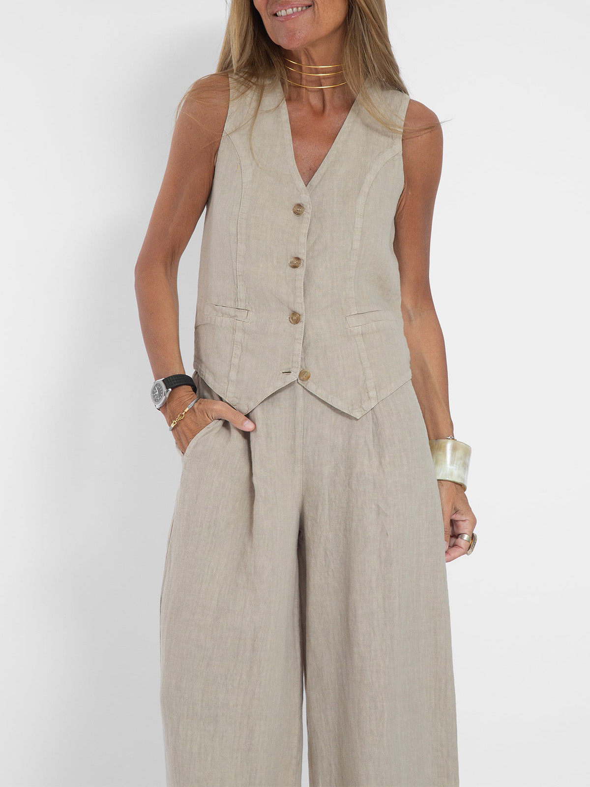 Holly | Sleeveless V-Neck & Wide-Leg Trouser Set