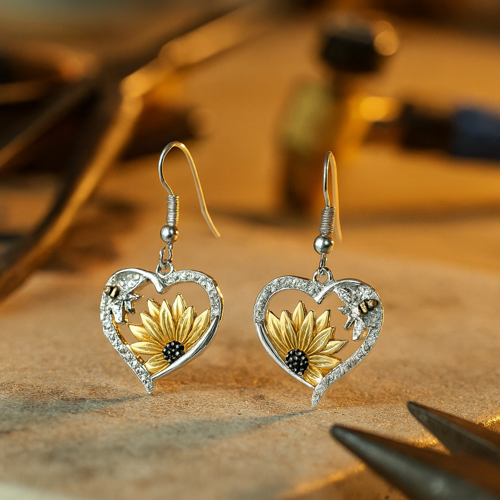 Vintage Boho Sunflower and Bee Heart Earrings