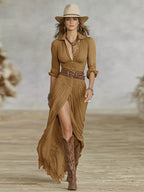 Crissanta | Long Belted Dress With Pleated Lapels