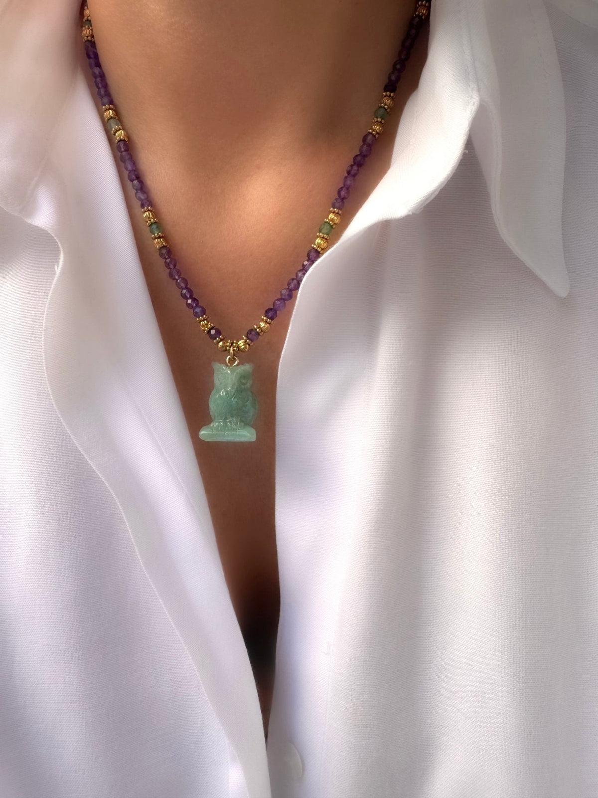 Stones Owl Necklace (Amethyst and Aventurine)
