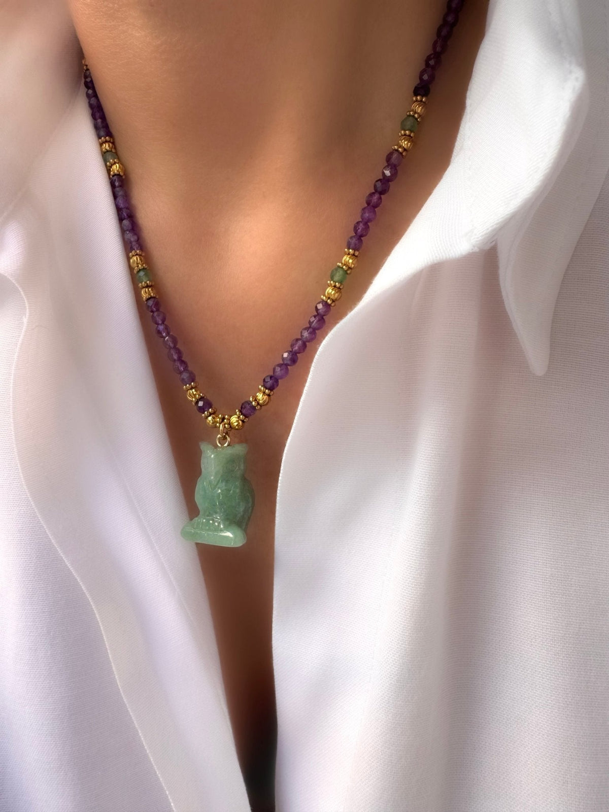 Stones Owl Necklace (Amethyst and Aventurine)