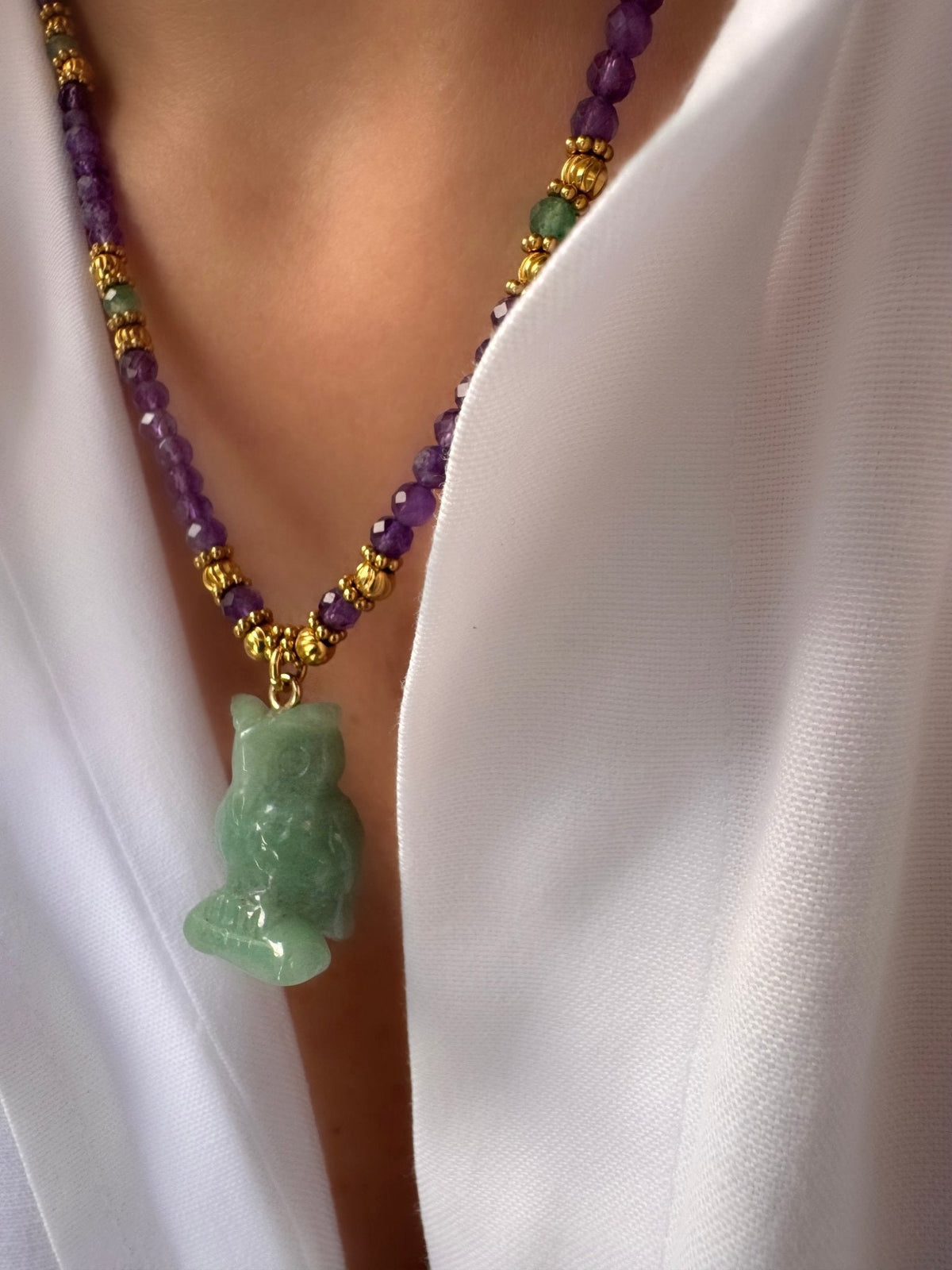 Stones Owl Necklace (Amethyst and Aventurine)