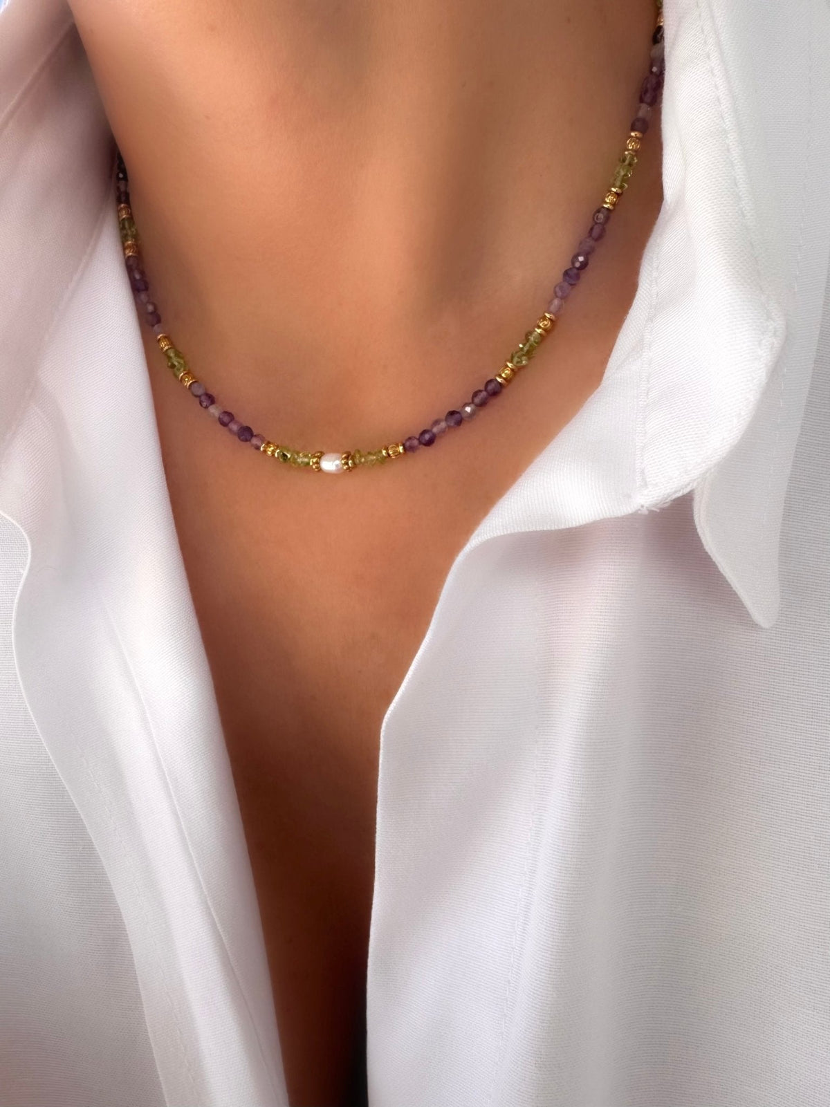 Stones Petite Lavanda Necklace (Fluorite and Peridot)