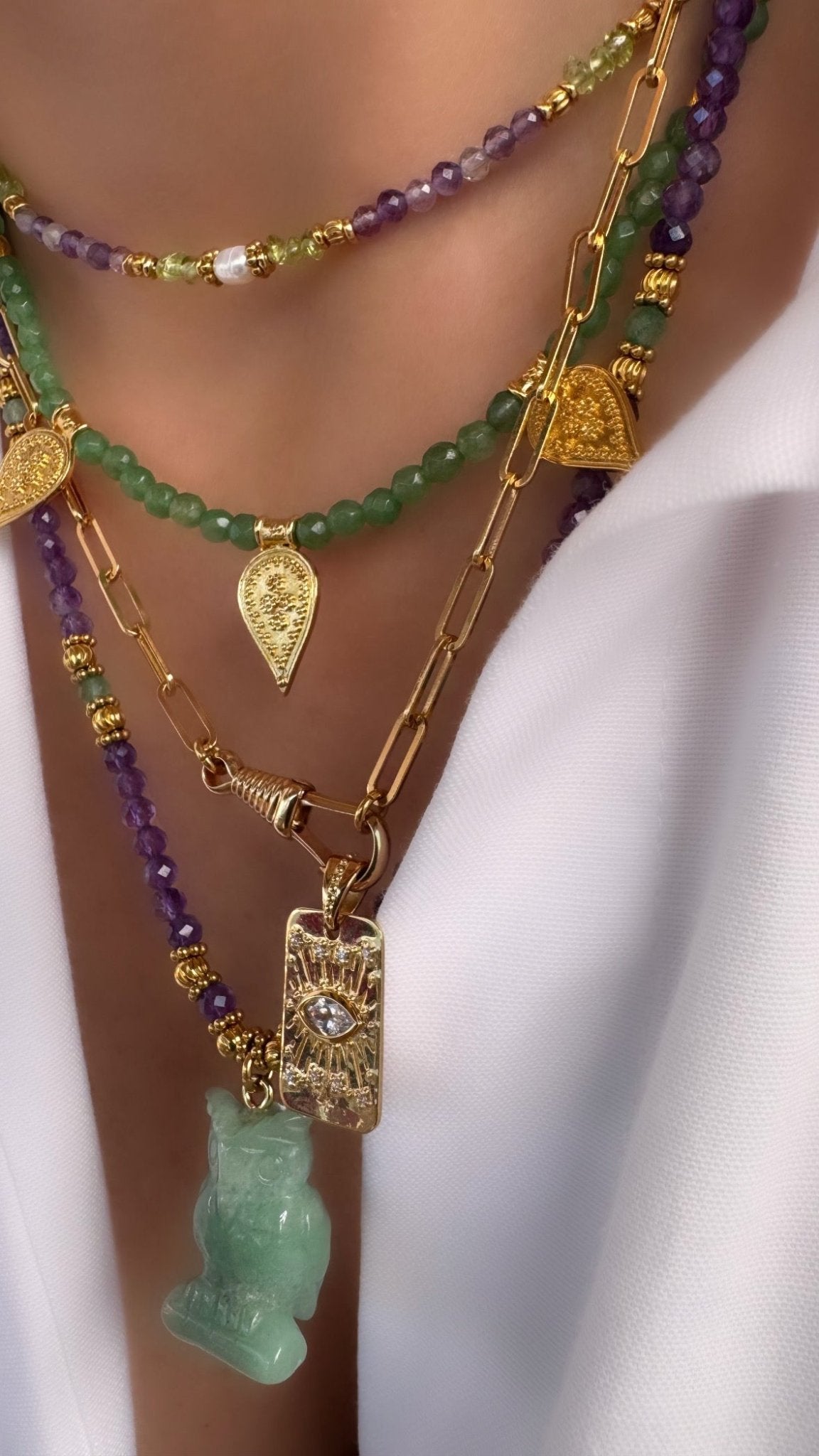Stones Petite Lavanda Necklace (Fluorite and Peridot)