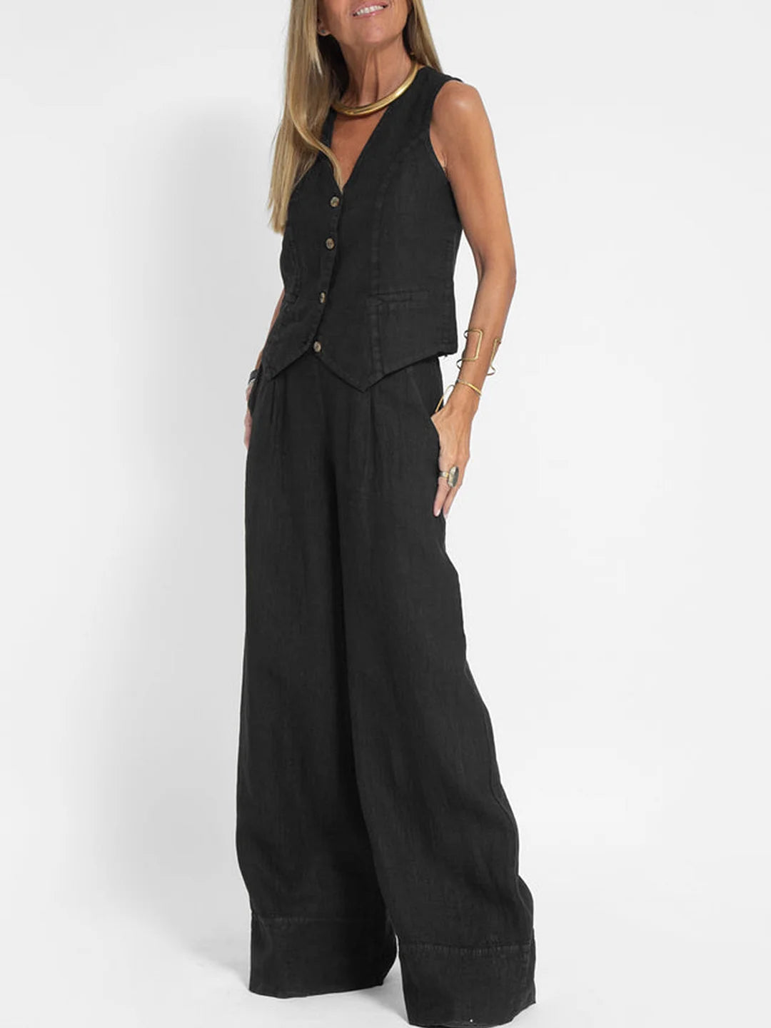 Holly | Sleeveless V-Neck & Wide-Leg Trouser Set