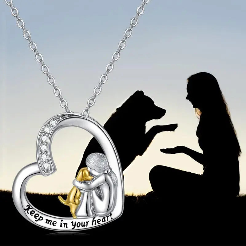 925 Sterling Silver Necklace with Heart and Dog Design with Zirconia