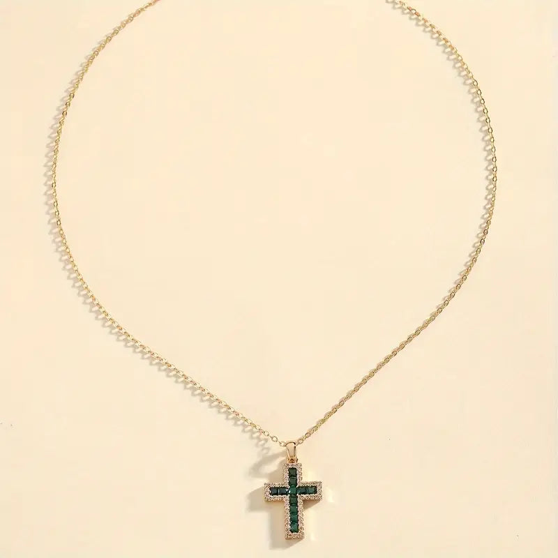 Greer | Solene Emerald Cross Pendant Gold Necklace
