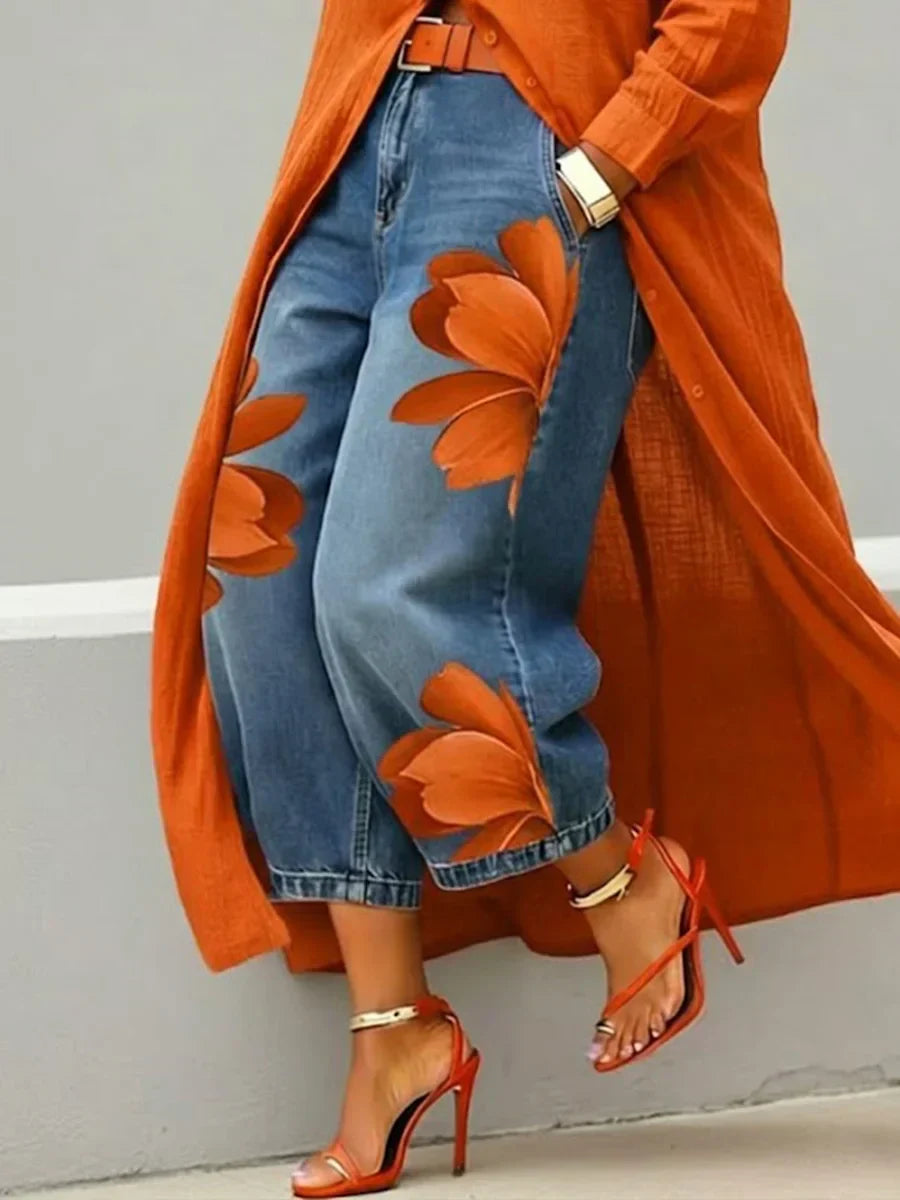 Mallory |  Stylish Shirt Dress and Floral Jeans Set