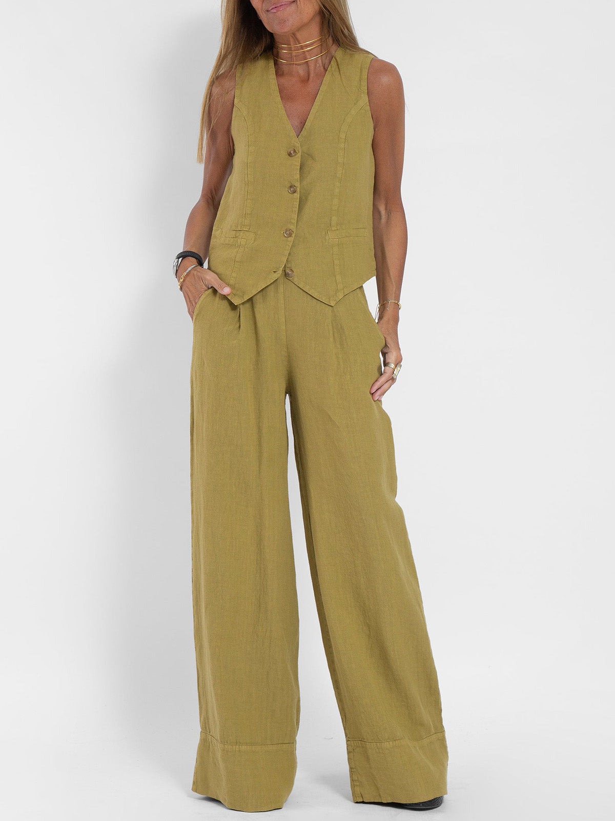 Holly | Sleeveless V-Neck & Wide-Leg Trouser Set