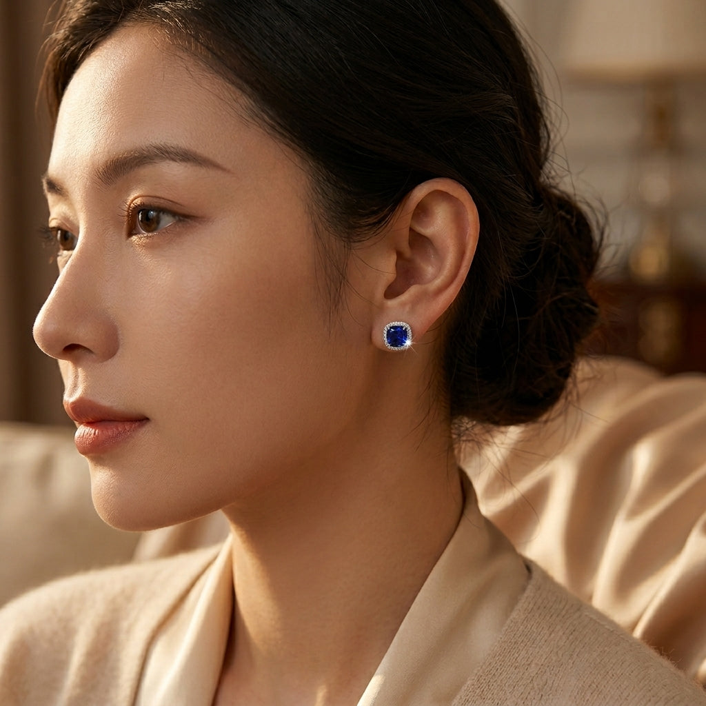 Estée | Silver Sapphire Halo Studs