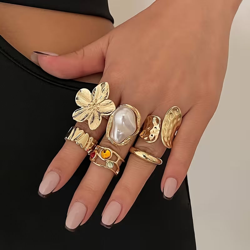 6-Piece Gold Baroque Pearl Ring Set
