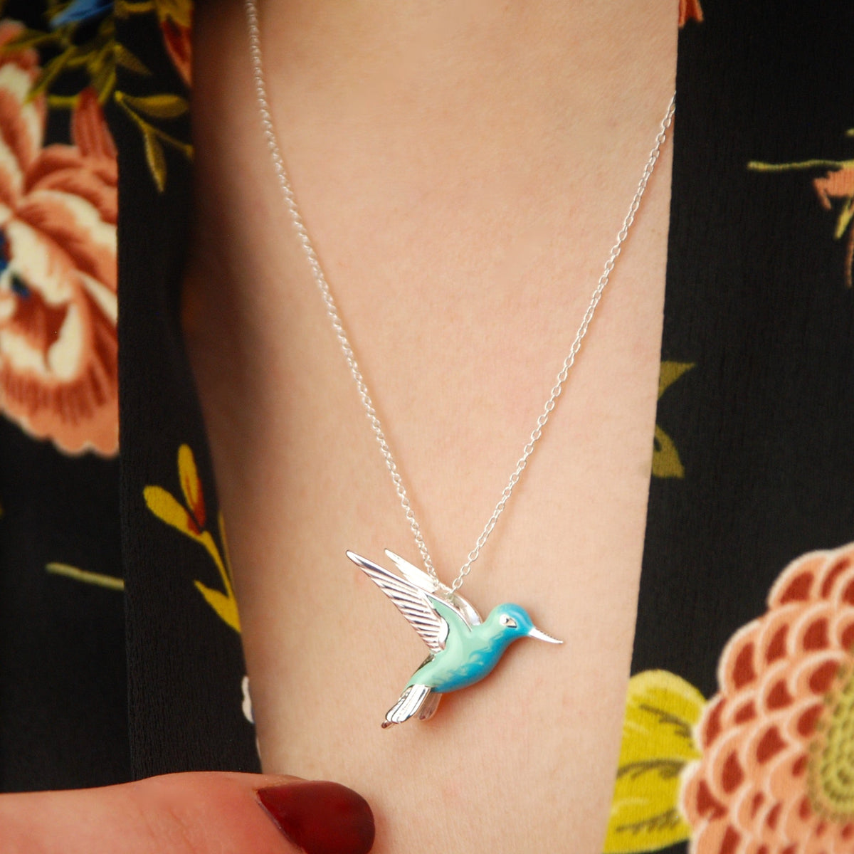 Enamel Hummingbird Necklace in Sterling Silver