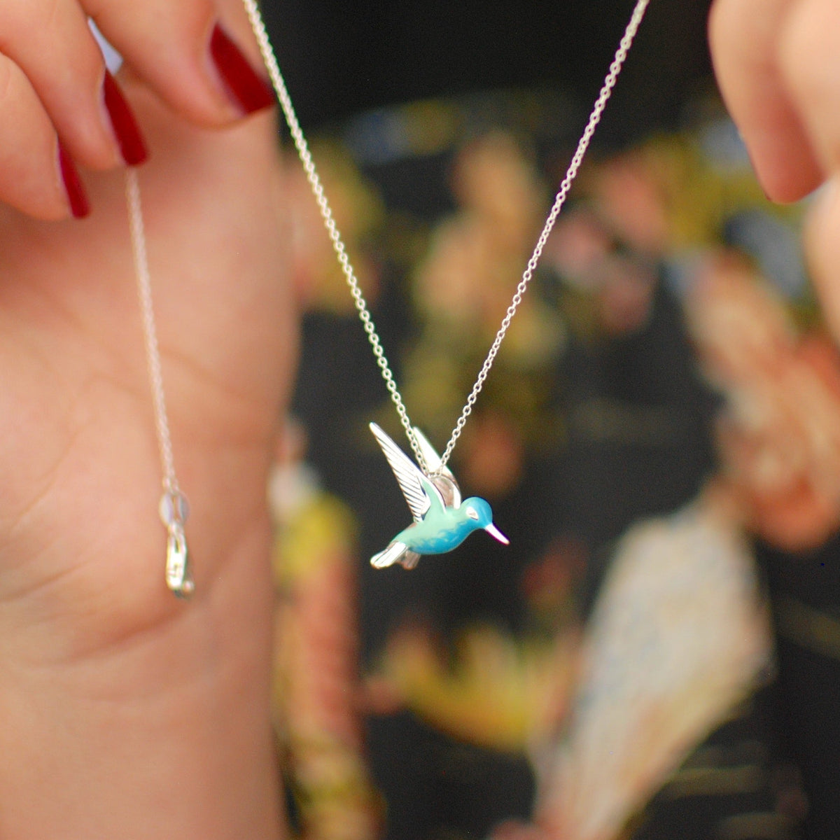Enamel Hummingbird Necklace in Sterling Silver