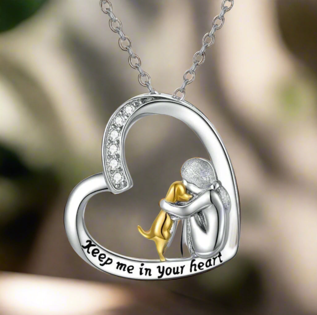 925 Sterling Silver Necklace with Heart and Dog Design with Zirconia