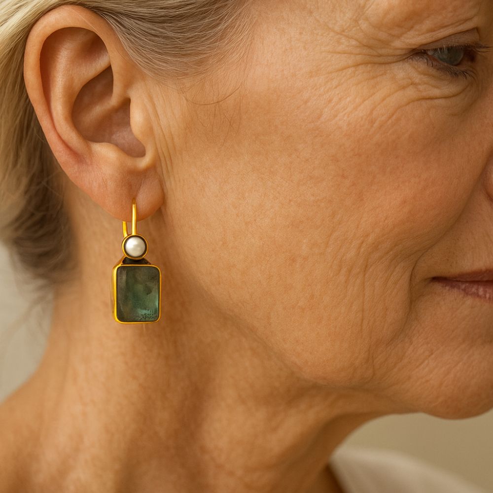 Sage | Green Stone Pearl Earrings