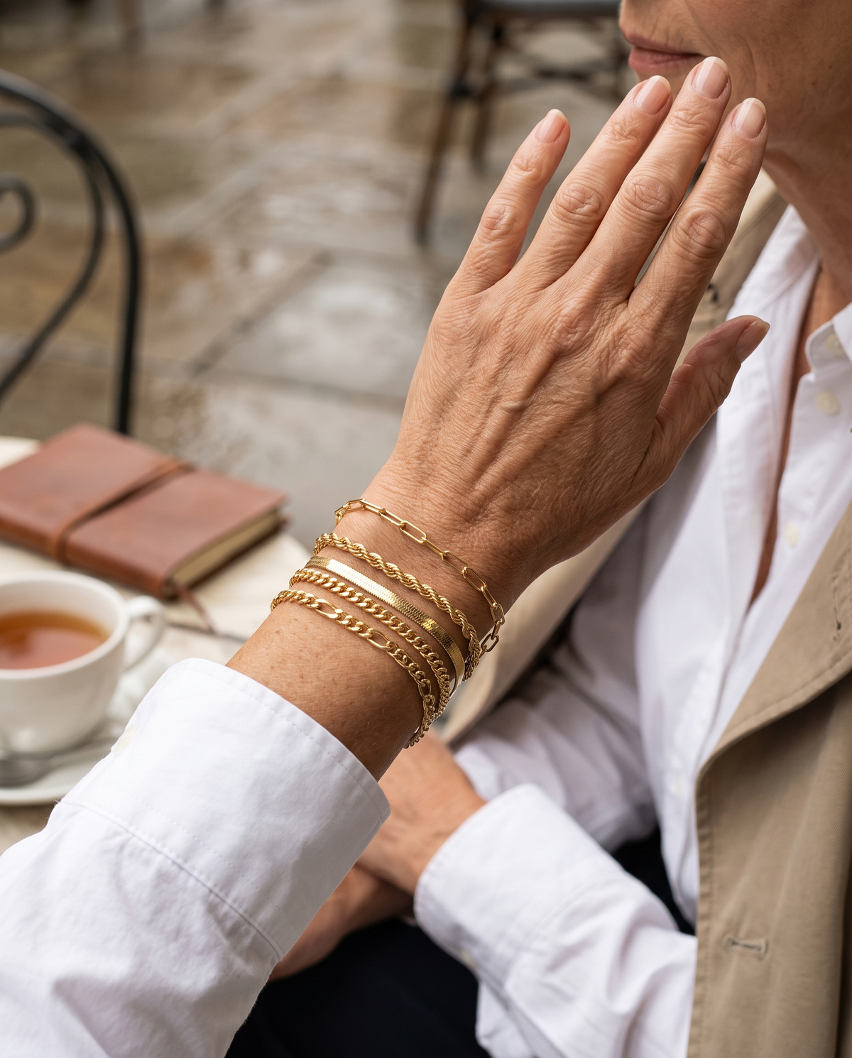 Amélie 5-Piece Gold Bracelet Stack on mature model
