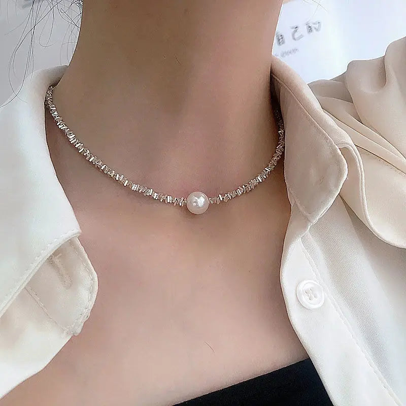 Dahlia | Silver Minimalist Pearl Choker Necklace