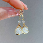 Golden Hanging Earrings with White Opal